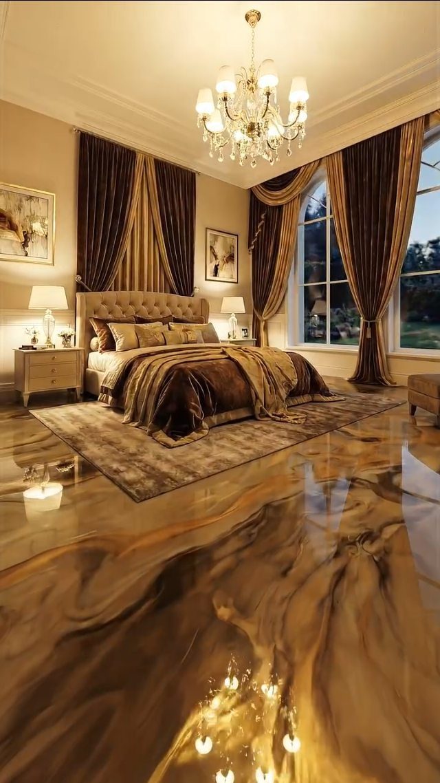 Swirling brown and gold epoxy resin floor in a luxurious bedroom with a large bed.