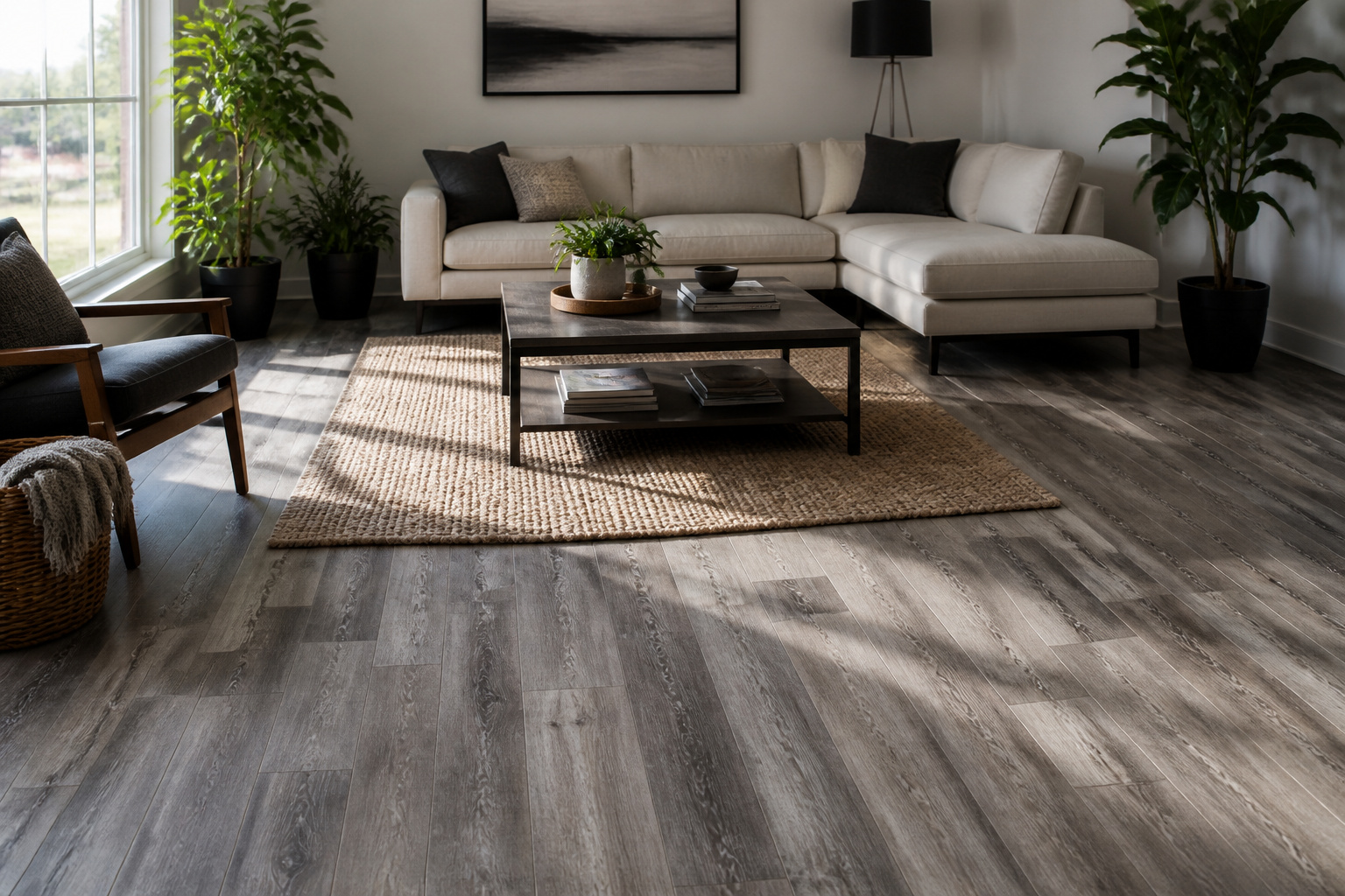 Cozy living room with gray vinyl flooring resembling reclaimed wood