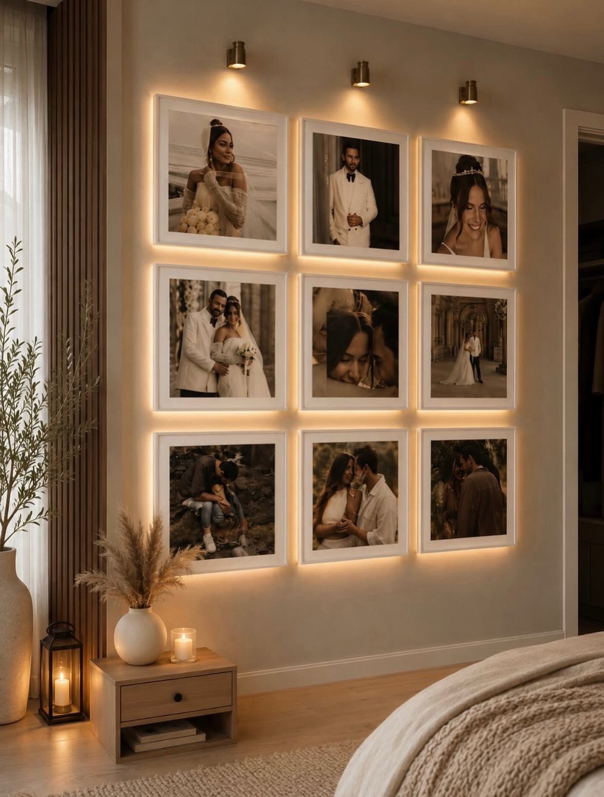 21 Bedroom Wall Decor Ideas With Photos for Every Style 2 Nine backlit wedding photographs arranged in a grid on a bedroom wall above a nightstand.