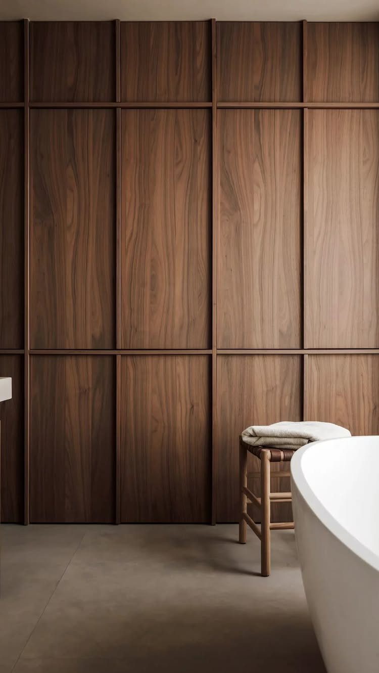 Dark wood wall paneling with a grid of molding in a modern bathroom setting.