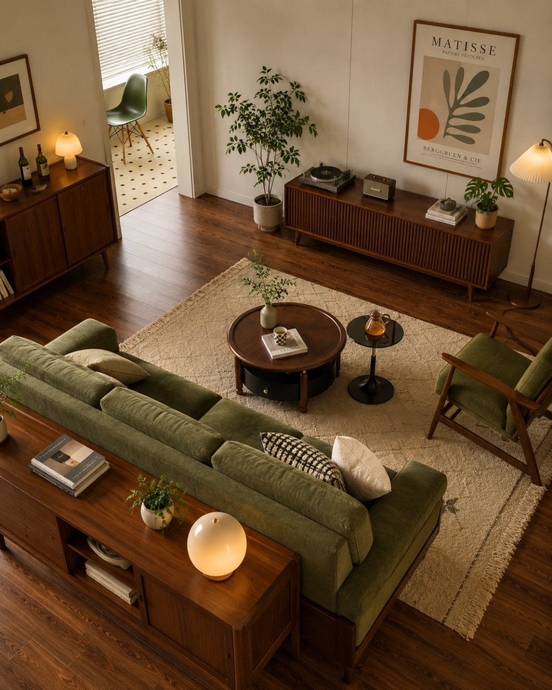 Mid-century modern living room with dark wood flooring, green sofa, and wooden furniture seen from above.