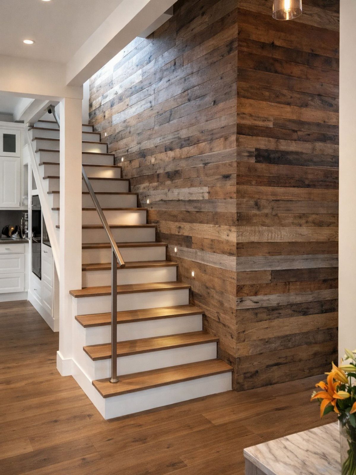 Staircase next to a wall featuring horizontal reclaimed wood planks and small accent lights.
