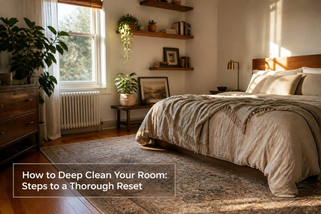 A tidy bedroom with a made bed and organized surfaces.