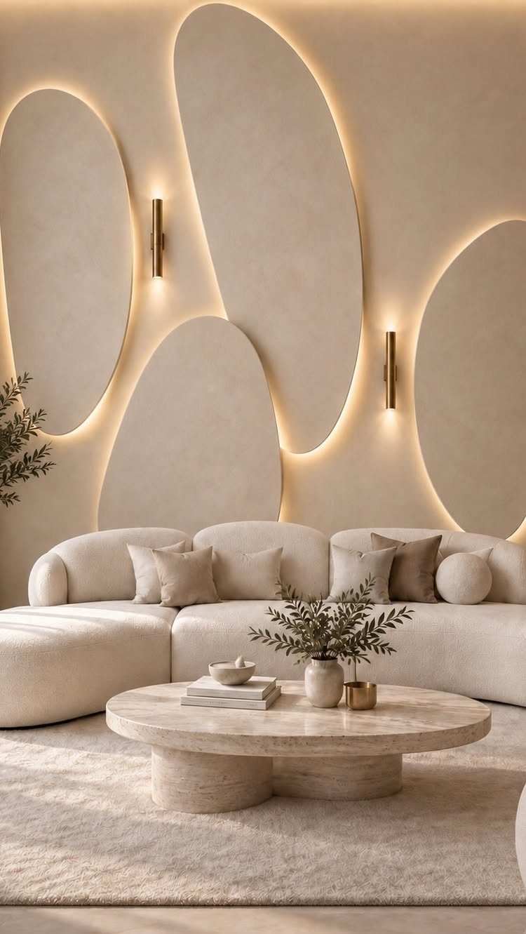 A beige living room with an illuminated organic shaped statement wall and a curved sofa.
