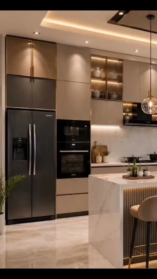 15 Kitchen Renovation Ideas for Getting the Function Back Into the Room 15 Modern kitchen with dark cabinetry, built-in appliances, and a white marble island.