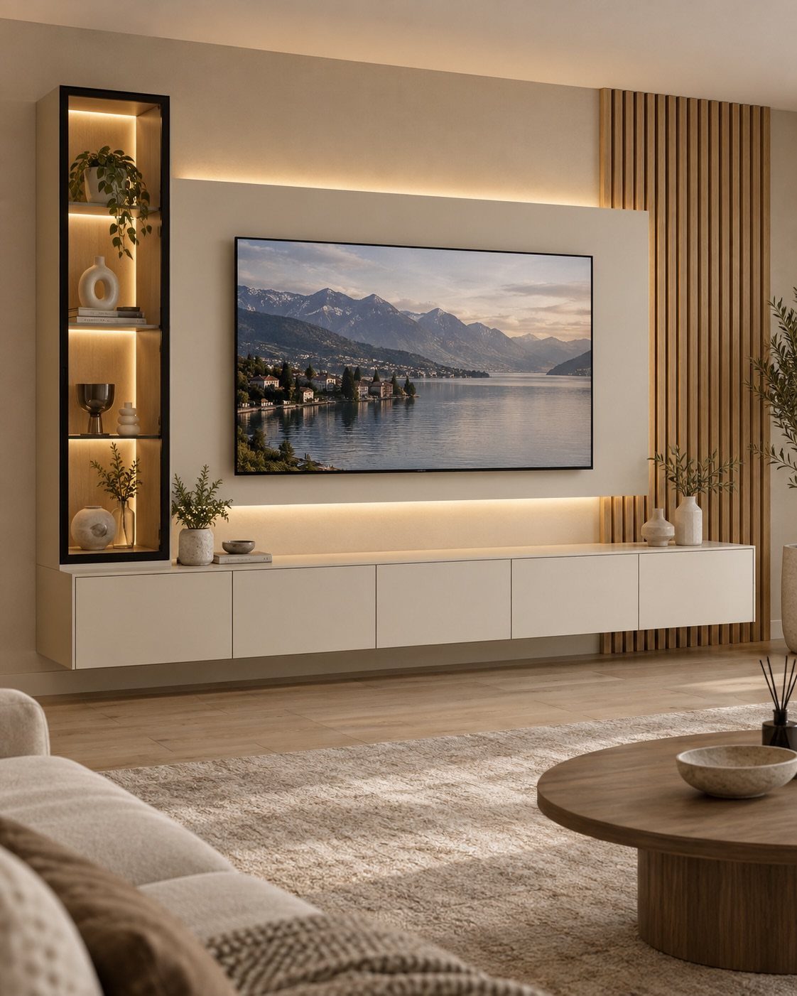 A modern wall-mounted TV unit with a floating white cabinet and integrated warm backlighting.