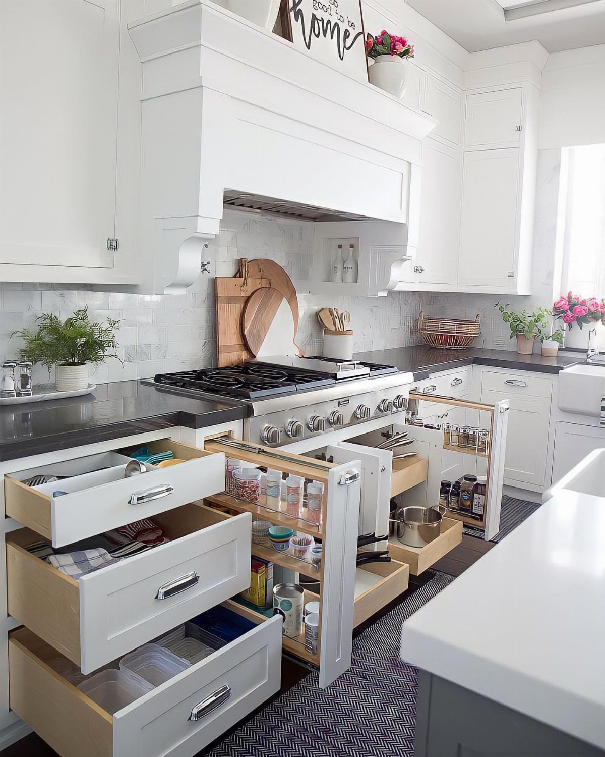 Open white kitchen drawers showing organized storage containers and spices in a bright kitchen.