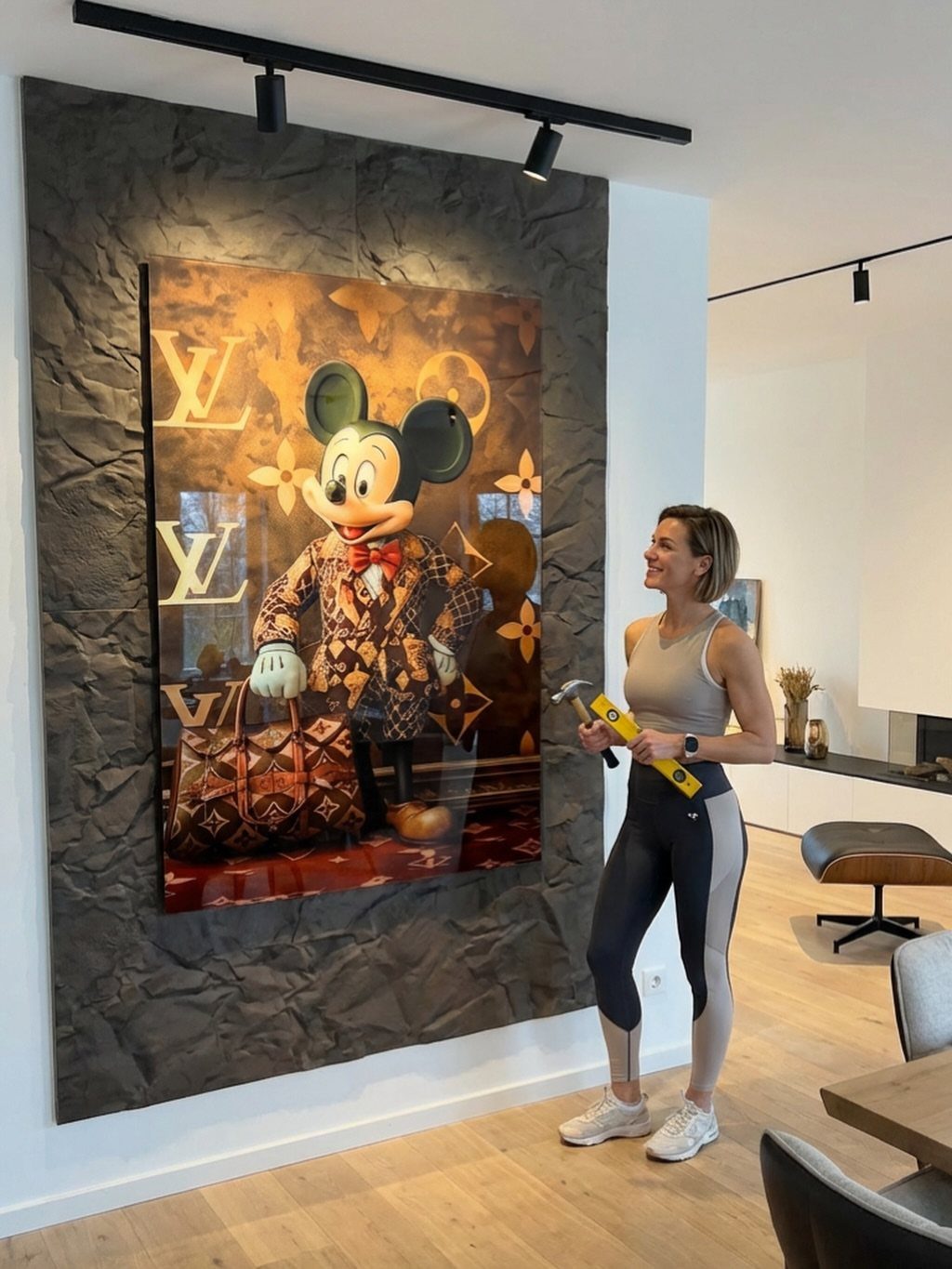 A woman holding a hammer looks at a large Mickey Mouse painting on a textured wall.