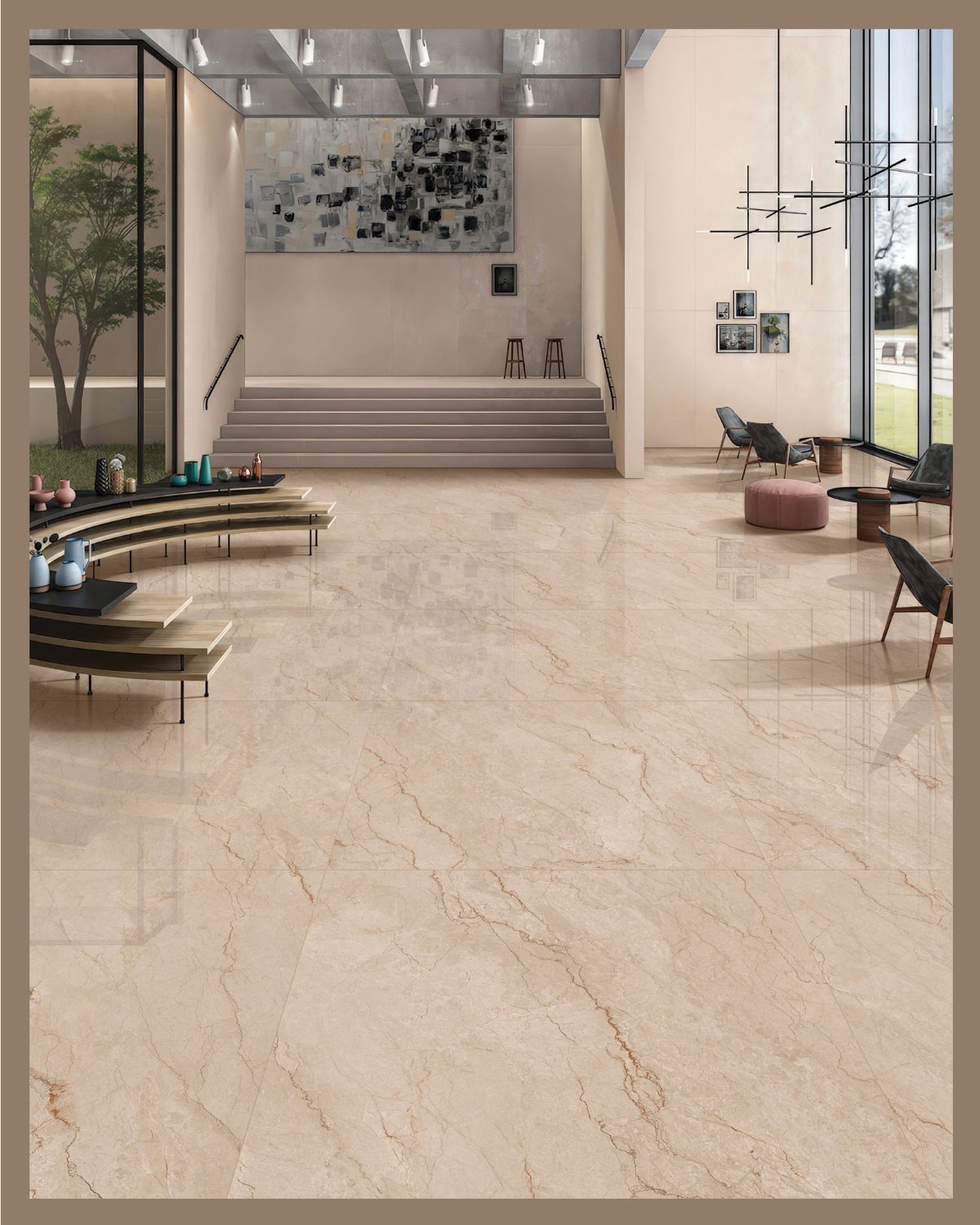 Polished light beige marble floor tiles with subtle tan veining in a modern room.