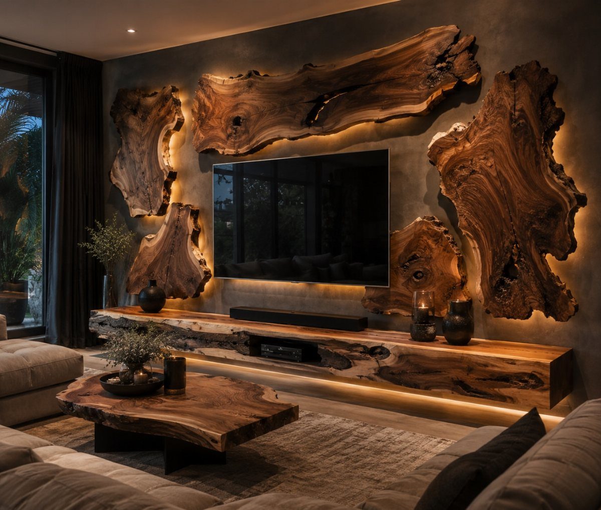 Live edge wood slabs mounted on a dark wall behind a television in a living room.