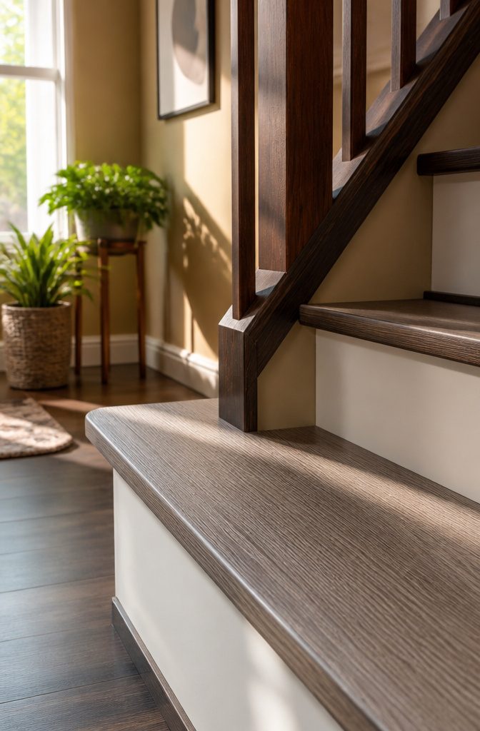 Close-up of a stair tread with SPC LVP and embossed texture.