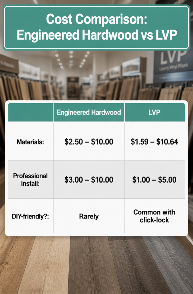 Cost comparison chart for engineered hardwood and LVP.