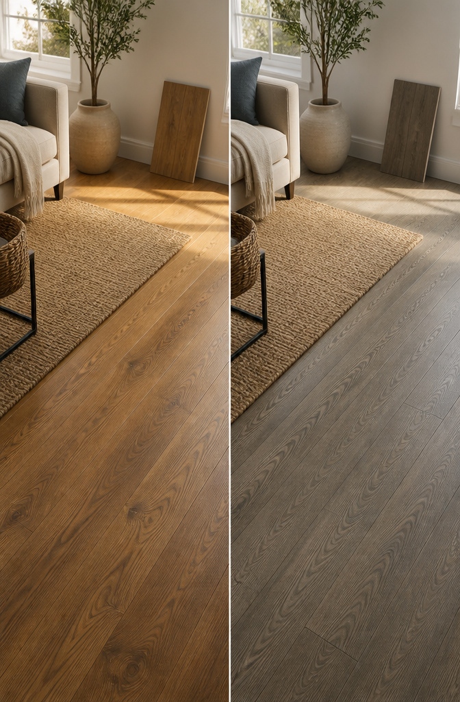 Close view of engineered hardwood and LVP flooring textures.