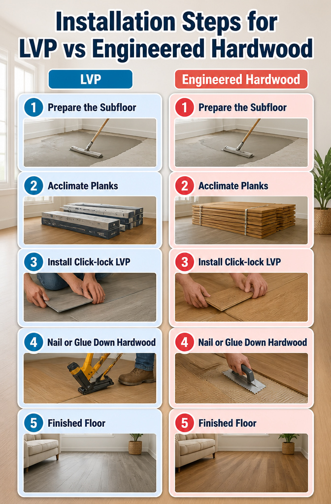 Installation steps for LVP and engineered hardwood flooring.