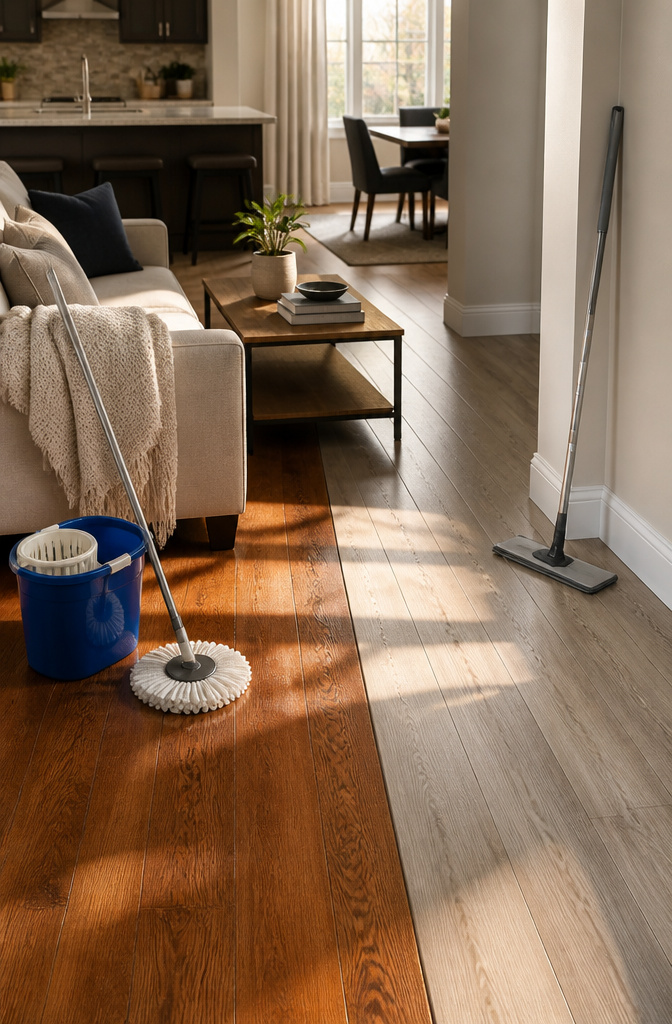 Living room scene with engineered hardwood and LVP flooring maintenance tools.