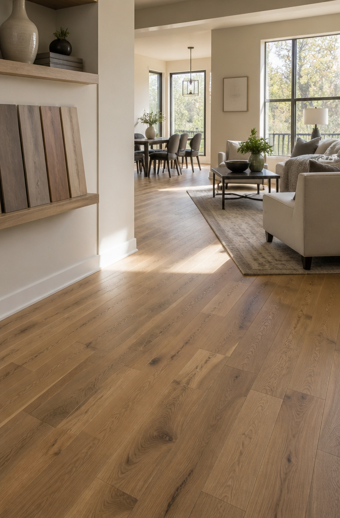 Staged home interior highlighting engineered hardwood flooring.