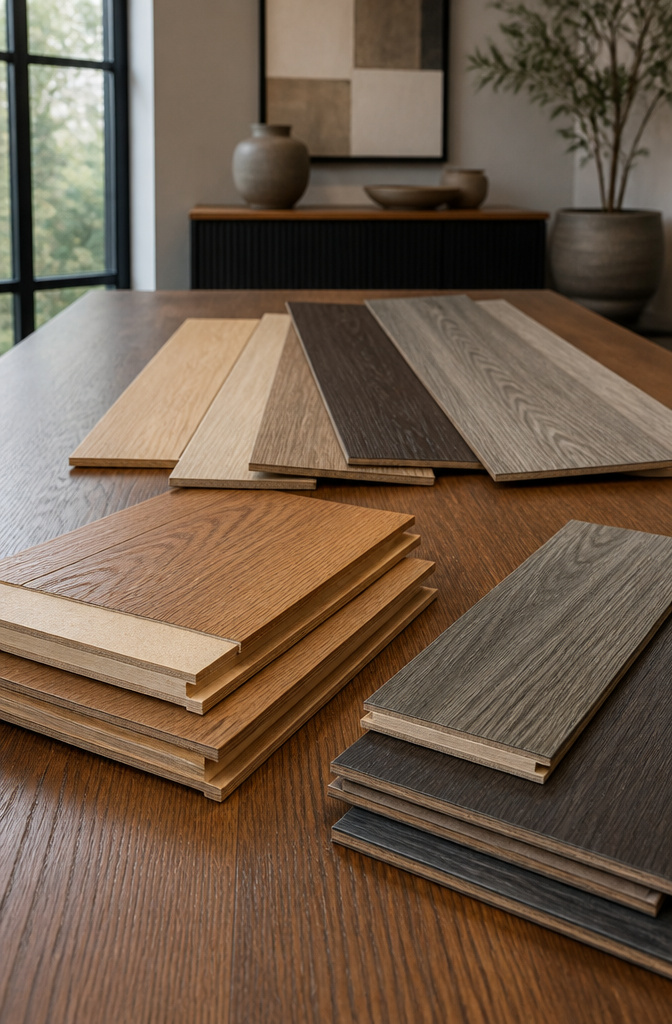 Samples of engineered hardwood and LVP arranged on a textured surface.