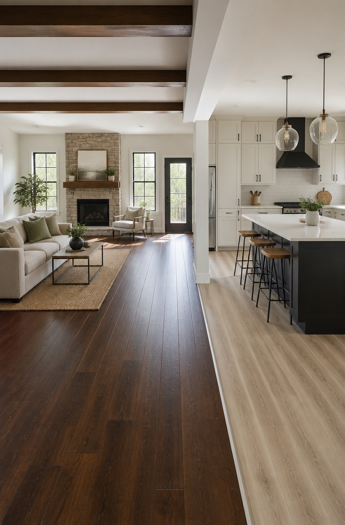 Living room and kitchen with engineered hardwood and LVP flooring.
