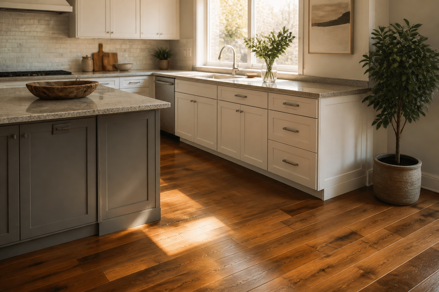 Samples of engineered hardwood and LVP displayed on a textured backdrop.