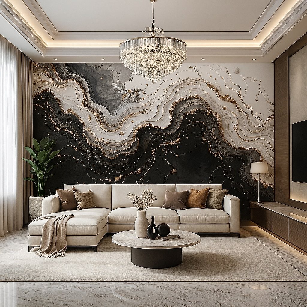 Marble-patterned accent wall in a luxury living room with a cream sofa and crystal chandelier.
