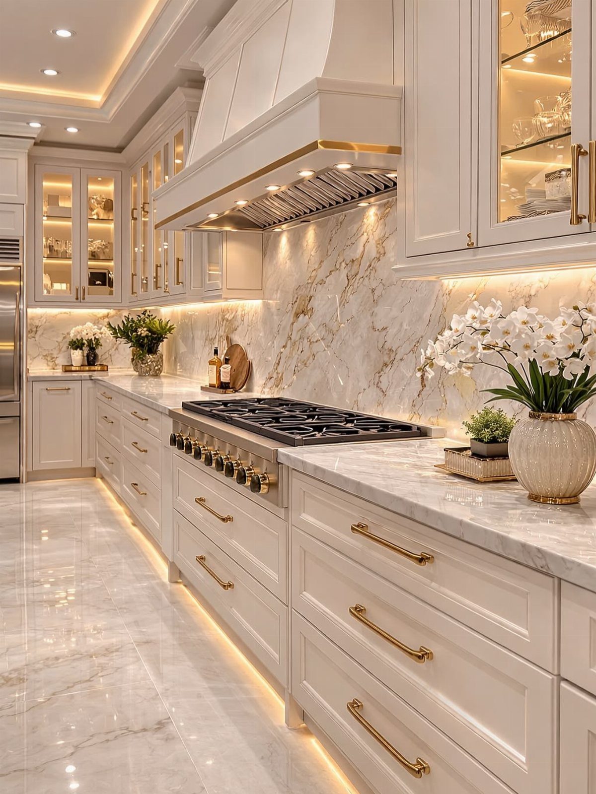 Kitchen Floor Tiles Design: 13 Ideas for Stone, Ceramic & Patterned Floors 1 White marble kitchen with large format floor tiles and gold accents under warm lighting.