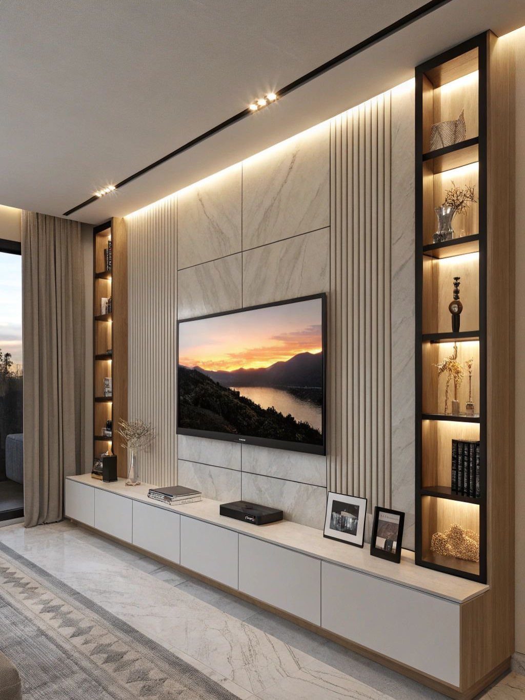 A modern TV wall unit with marble panels, wooden slats, and illuminated shelving units.