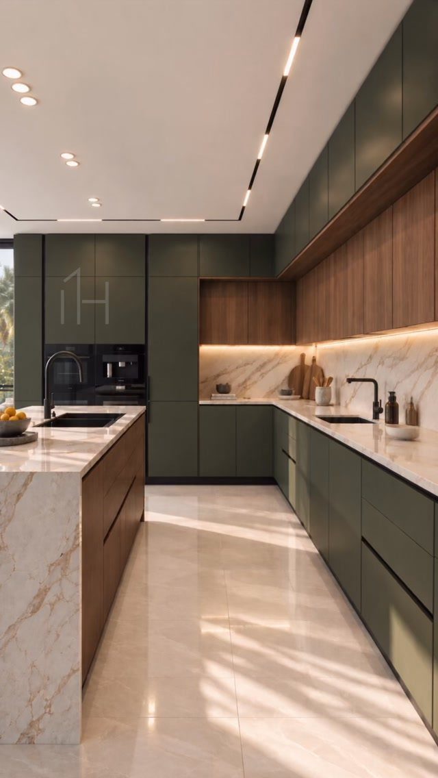 15 Kitchen Renovation Ideas for Getting the Function Back Into the Room 10 Modern kitchen with olive green cabinets, wood accents, and marble waterfall island countertops.