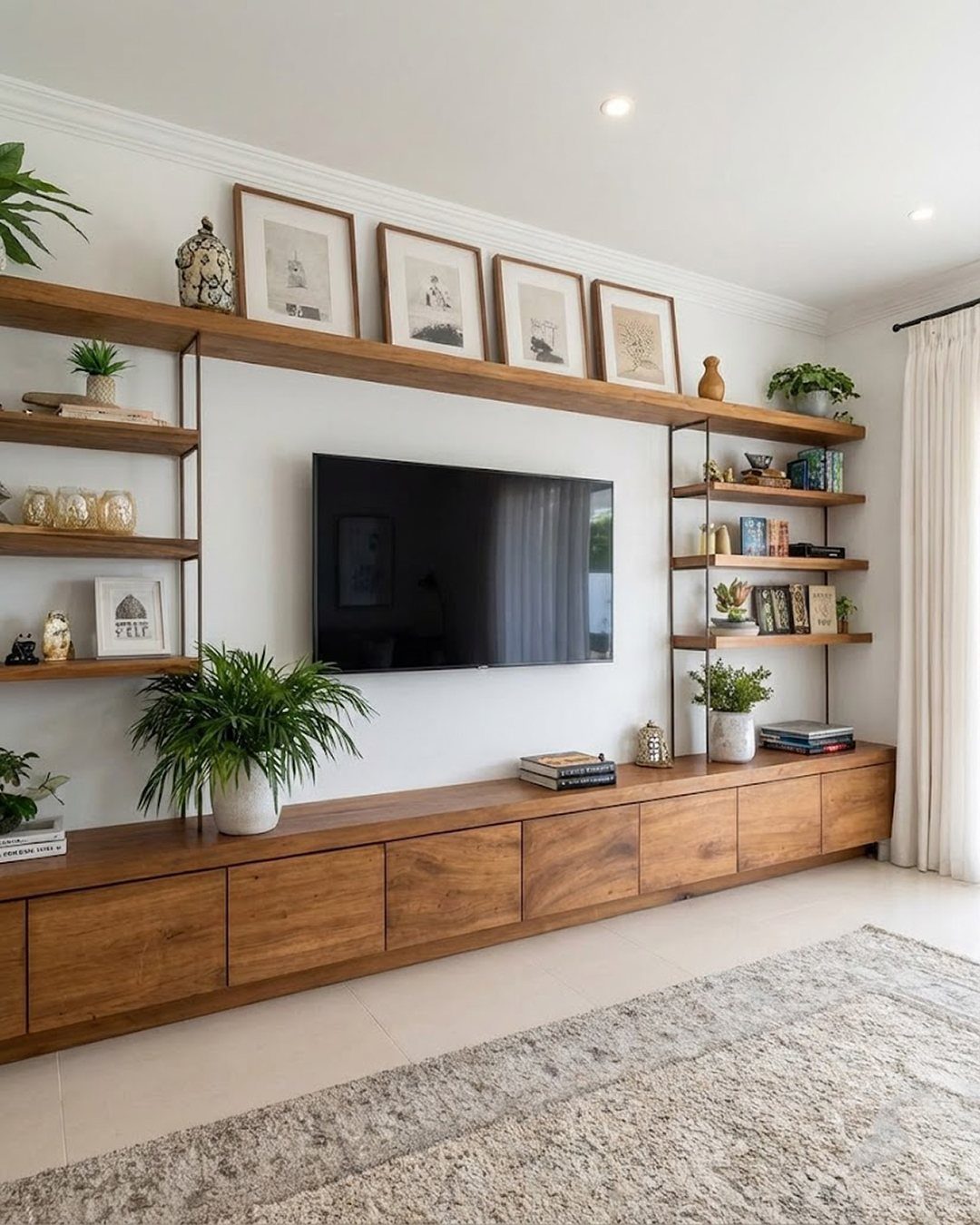 Wooden wall unit with a long sideboard, floating shelves, and a television mounted on a white wall.