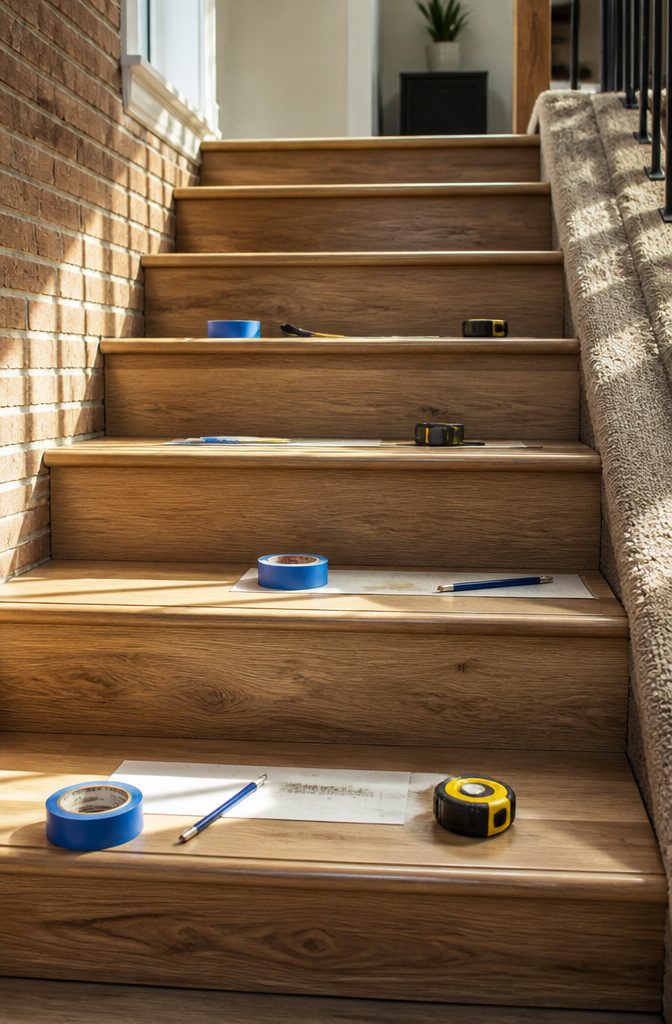 Tools resting on stair treads for meticulous measurement process.