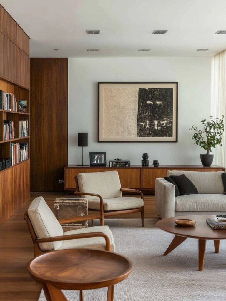 Mid-century modern living room with warm wood wall paneling and matching wooden furniture.