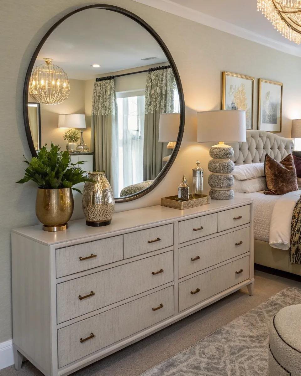 20 Bedroom Wall Designs for Accent, Texture and Art 5 Large round mirror reflecting a bright bedroom with curtains and a window above a dresser.