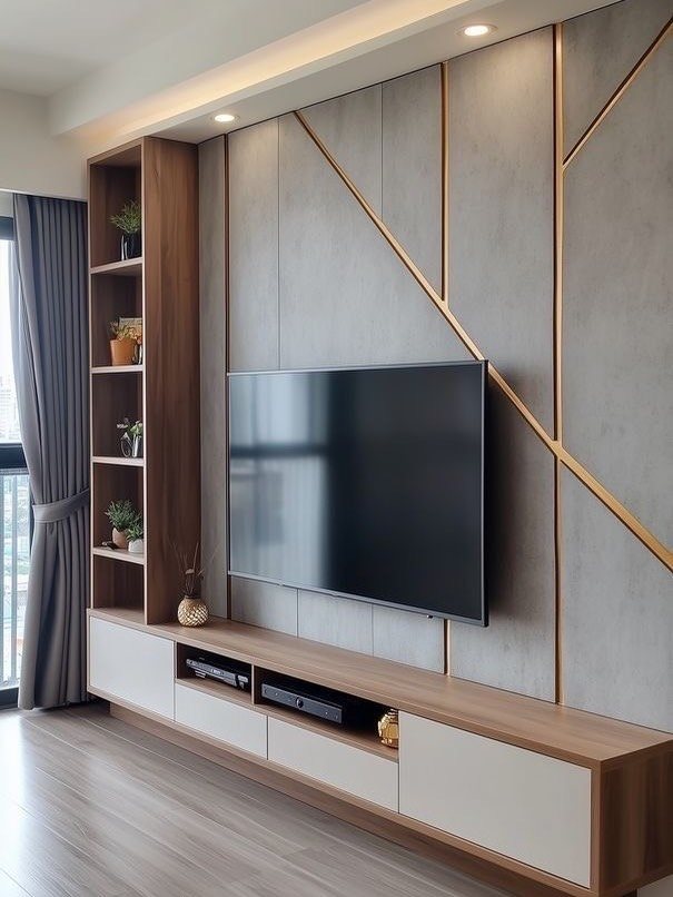 A large television mounted on a grey geometric paneled wall above a long wooden media console.