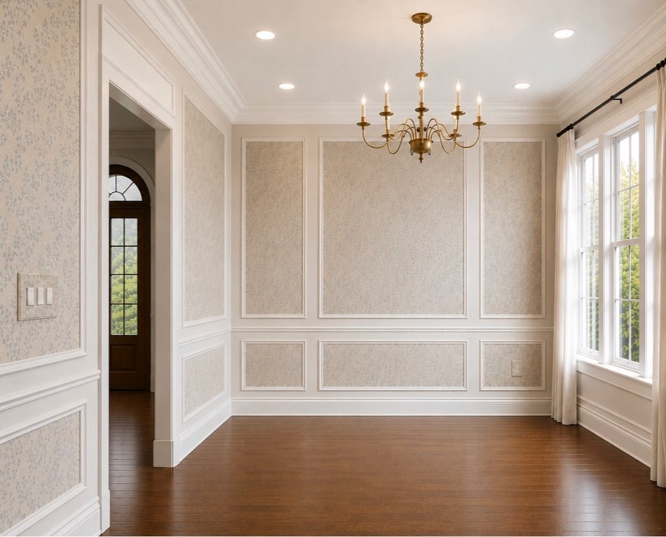 White picture frame molding panels on beige walls in a room with wood floors.