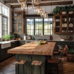 A kitchen island with a thick wood butcher block countertop and dark green base with stools.