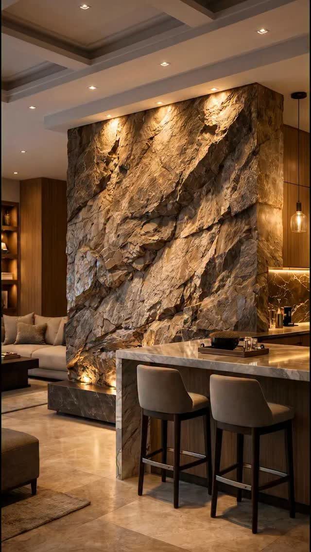 A large, rugged stone accent wall illuminated by warm spotlights in a modern living space.