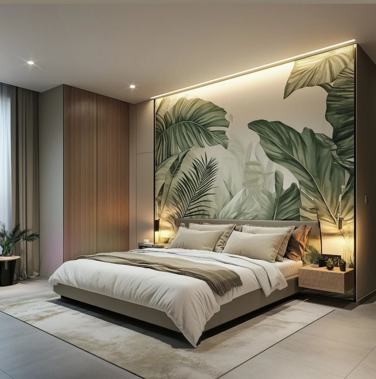 20 Bedroom Wall Designs for Accent, Texture and Art 9 A modern bedroom with a large tropical leaf pattern wallpaper behind the bed.