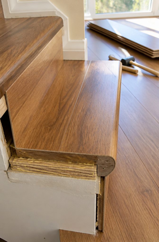 Close-up of stair nosing installation with adhesive and nails.