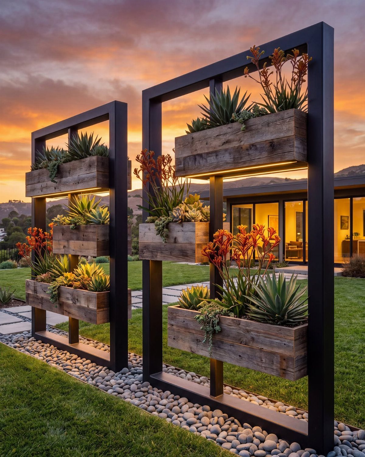 Two black metal frames with wooden planters containing succulents and orange flowers at sunset.