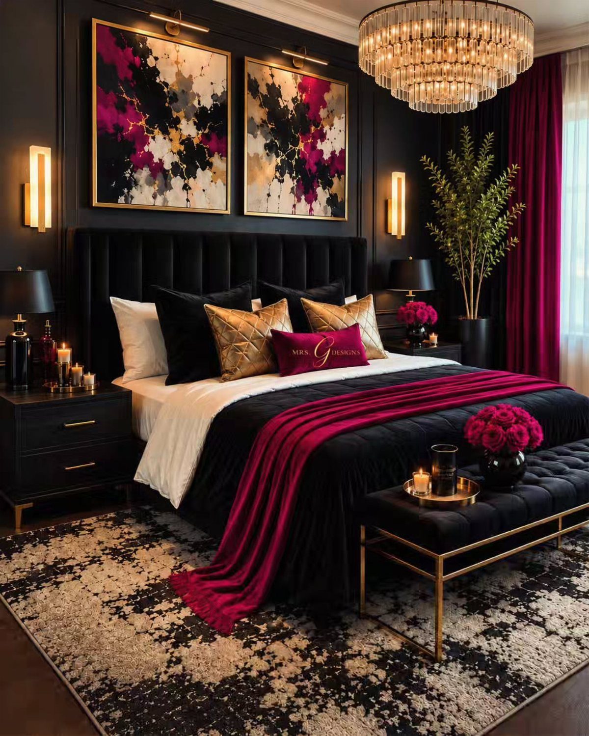 20 Bedroom Wall Designs for Accent, Texture and Art 19 A luxurious black and magenta bedroom with large abstract art and a crystal chandelier.