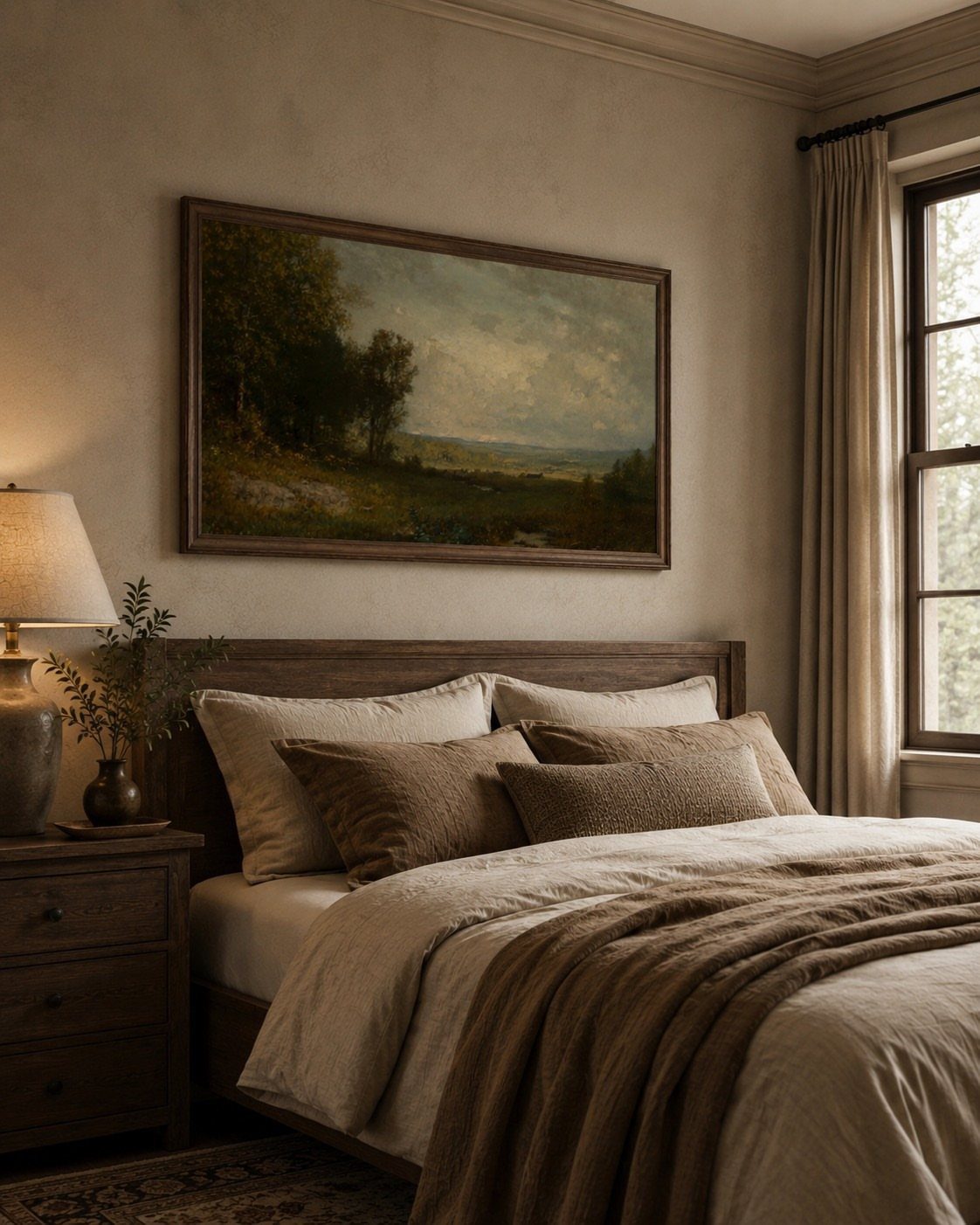 21 Bedroom Wall Decor Ideas With Photos for Every Style 21 A large vintage landscape painting in a wooden frame hangs above a bed.