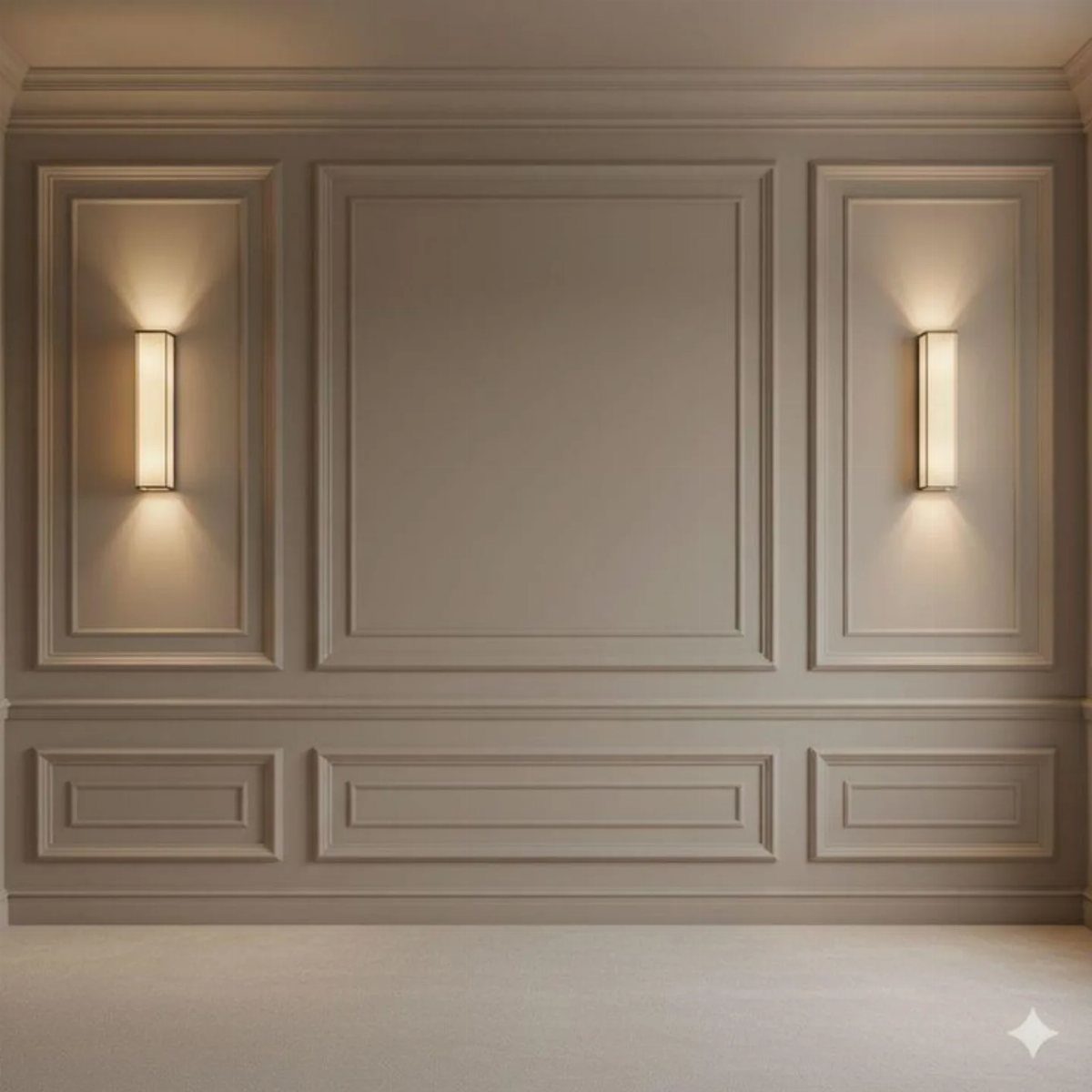 Beige wall decorated with rectangular panel molding and two glowing vertical wall sconces.