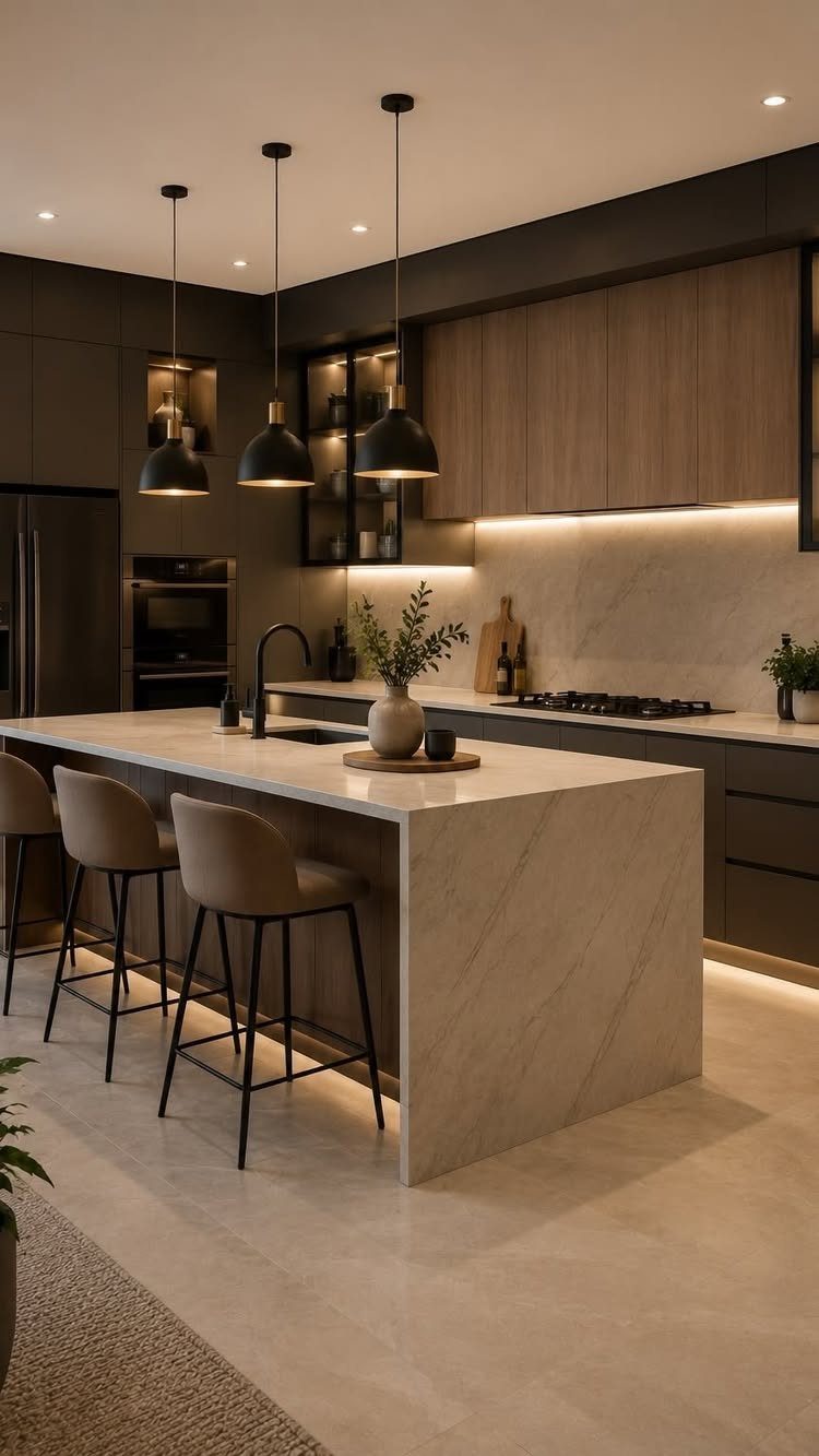 15 Kitchen Renovation Ideas for Getting the Function Back Into the Room 2 Three black pendant lights hanging over a modern marble kitchen island with bar stools.