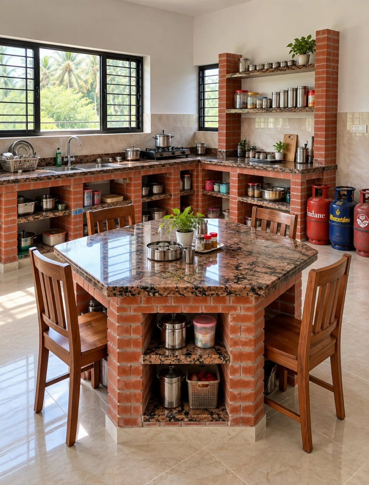Kitchen Floor Tiles Design: 13 Ideas for Stone, Ceramic & Patterned Floors 10 A kitchen with a granite island, brick shelving, and light polished floor tiles.