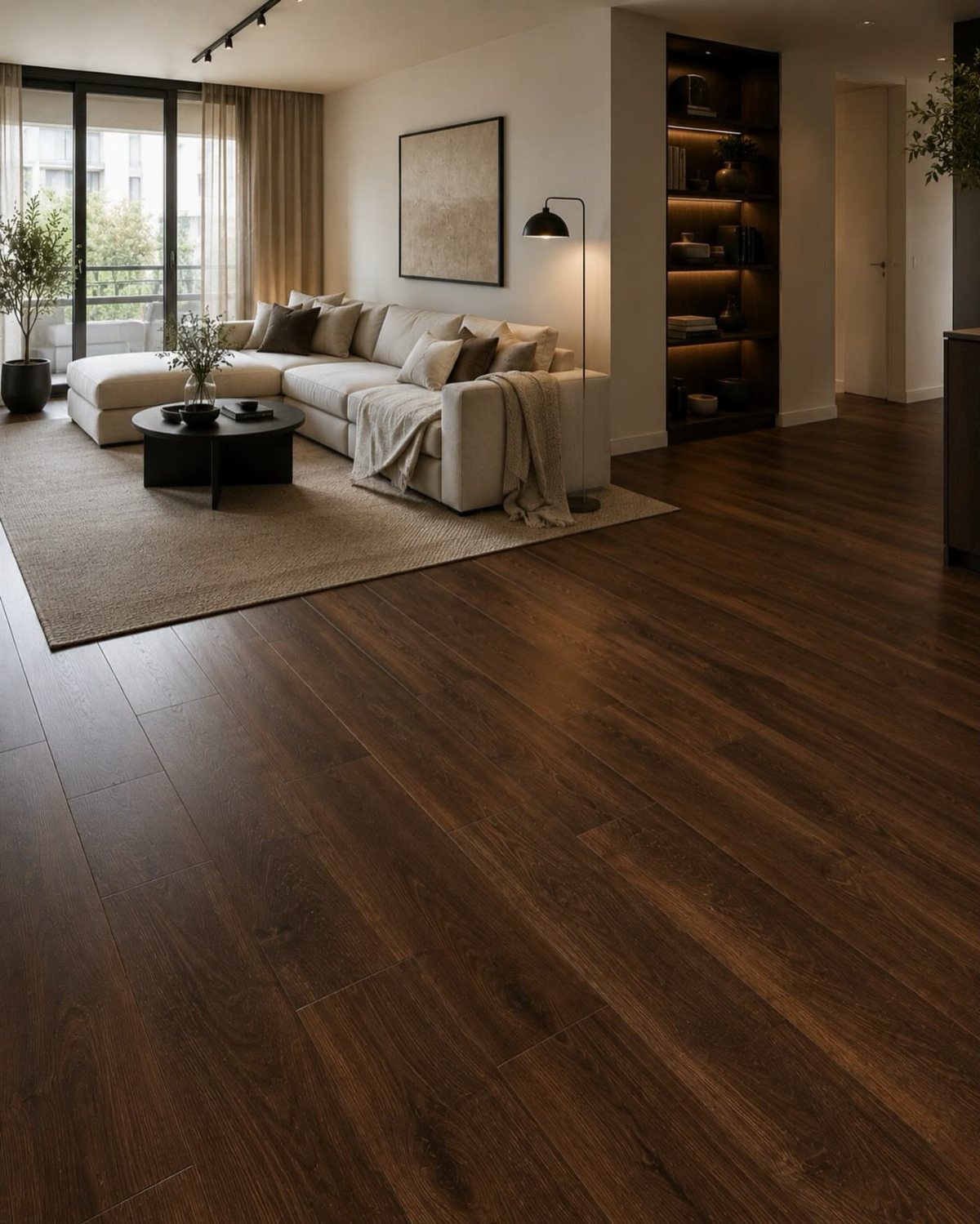 Dark warm mid-tone brown wood flooring in a modern living room with a cream sofa.
