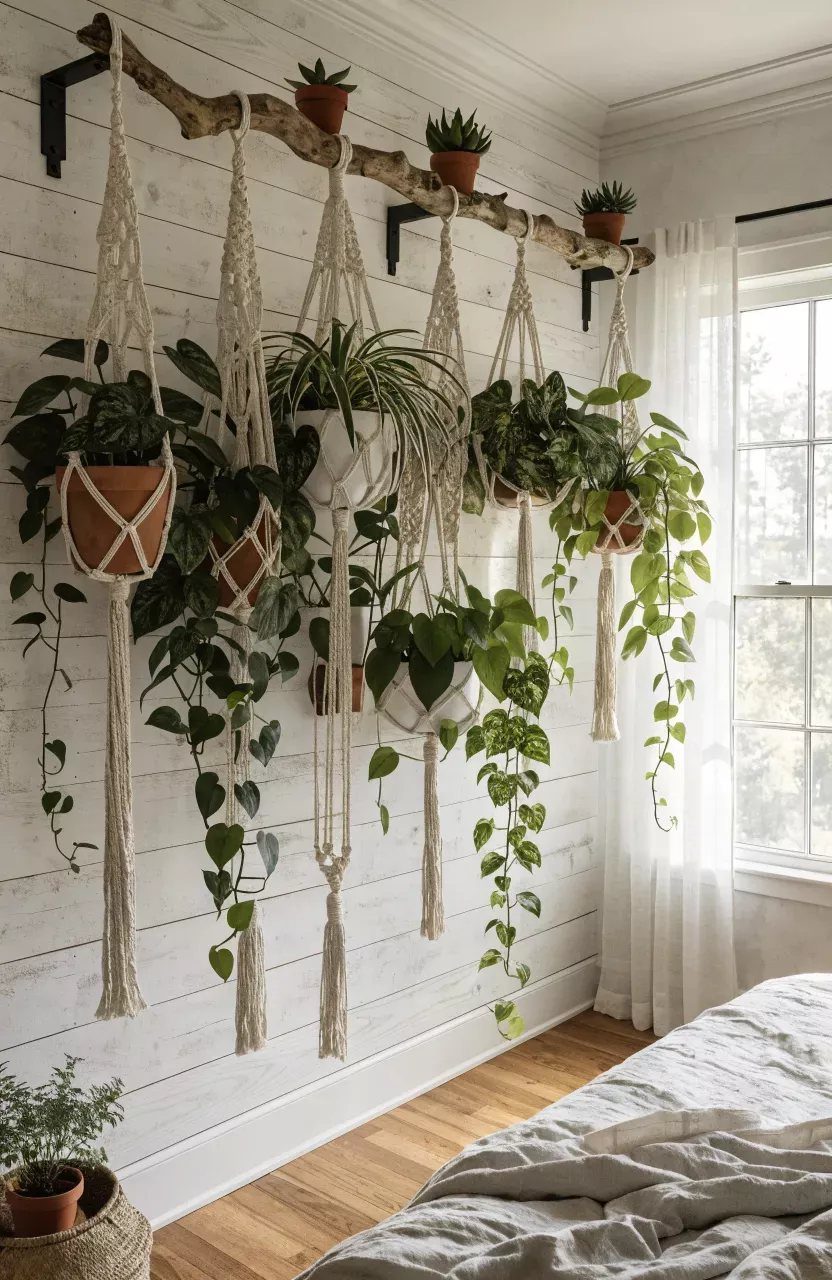 Green plants in macrame hangers suspended from a wooden branch on a white shiplap wall.