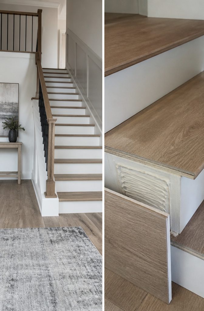 Installation of risers on stairs with LVP flooring.