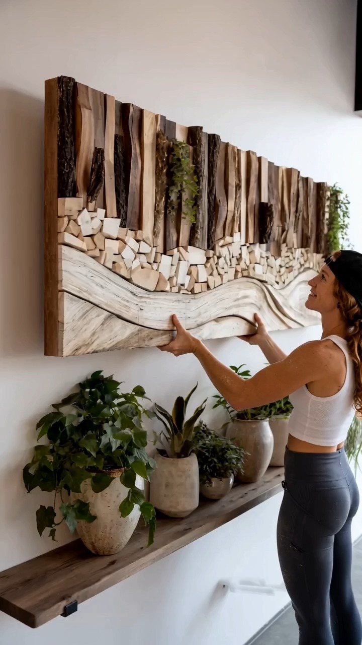 A woman hanging a large piece of textured wooden wall art onto a white wall.