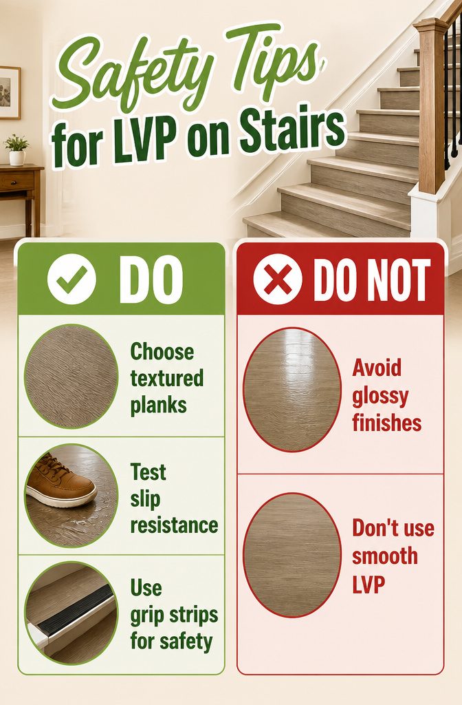 Safety tips graphic for LVP flooring on stairs.