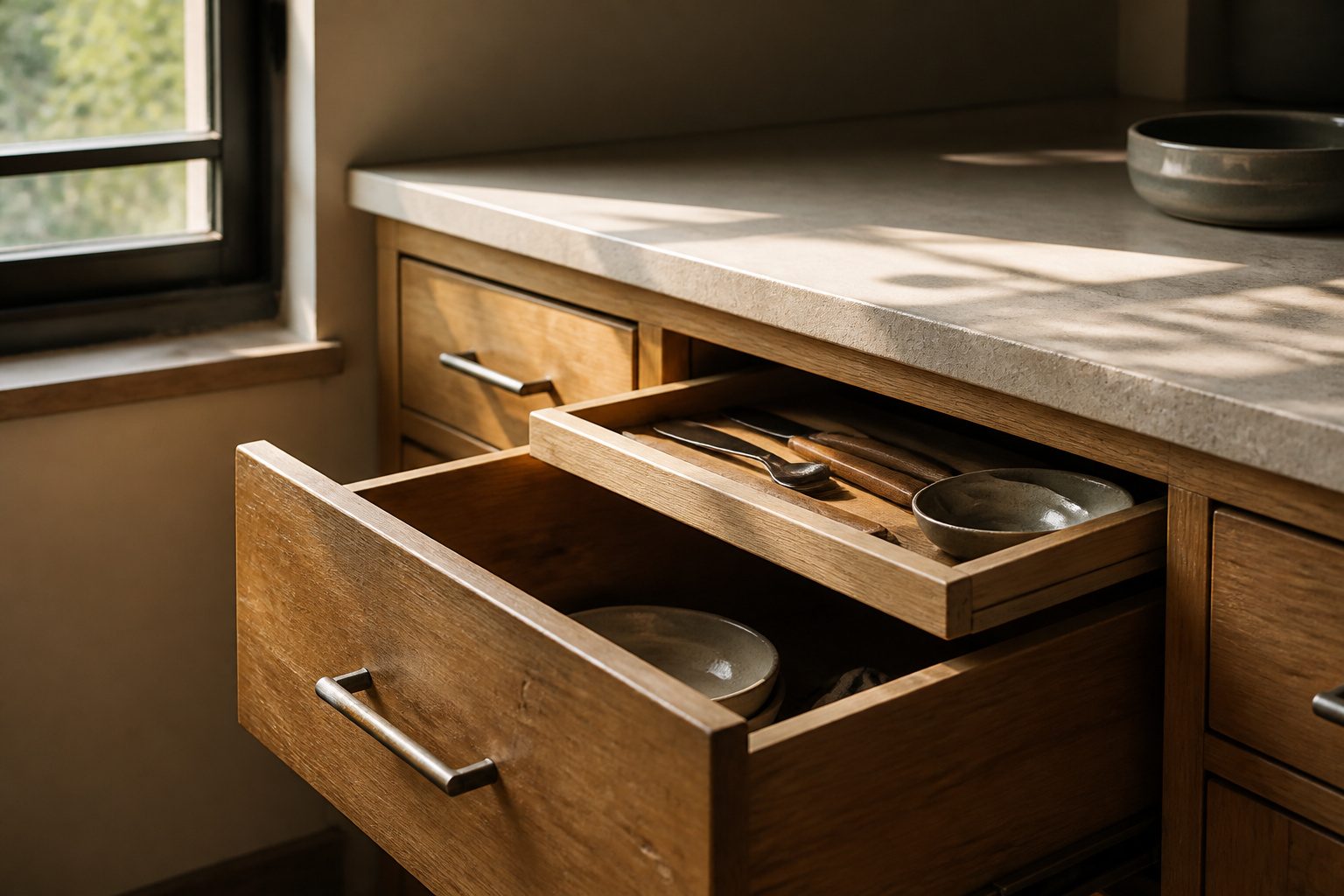A sliding tray in a drawer setup showing various organizers and utensils.