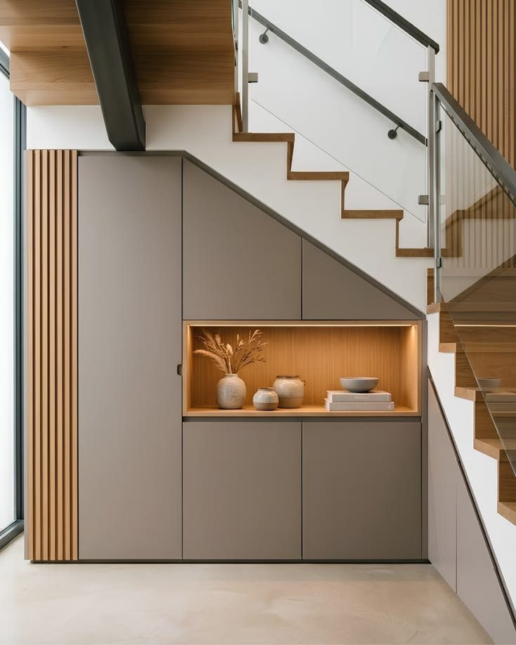 Built-in taupe storage cabinets and an illuminated display niche located underneath a modern wooden staircase.
